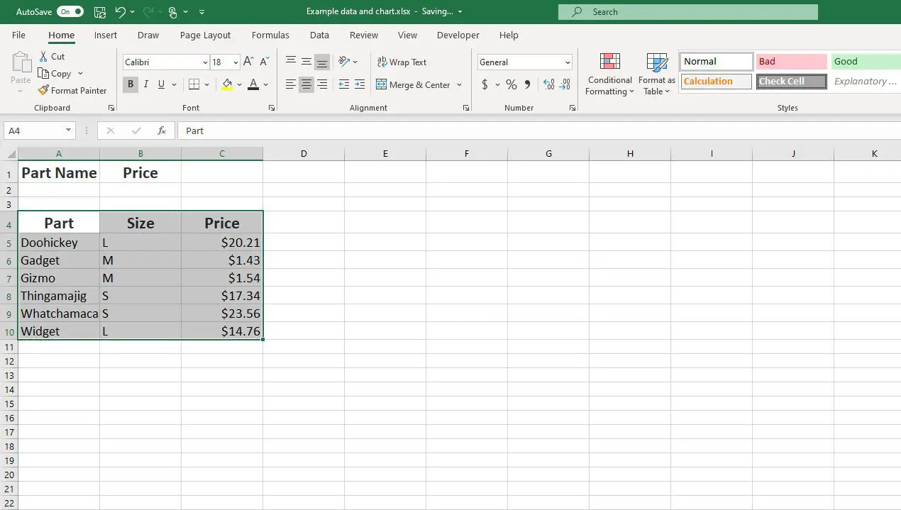 Intervalo de células selecionado no Excel
