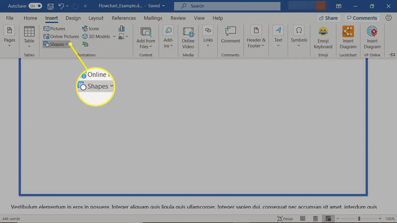 Microsoft Word com uma tela de desenho em branco para um fluxograma