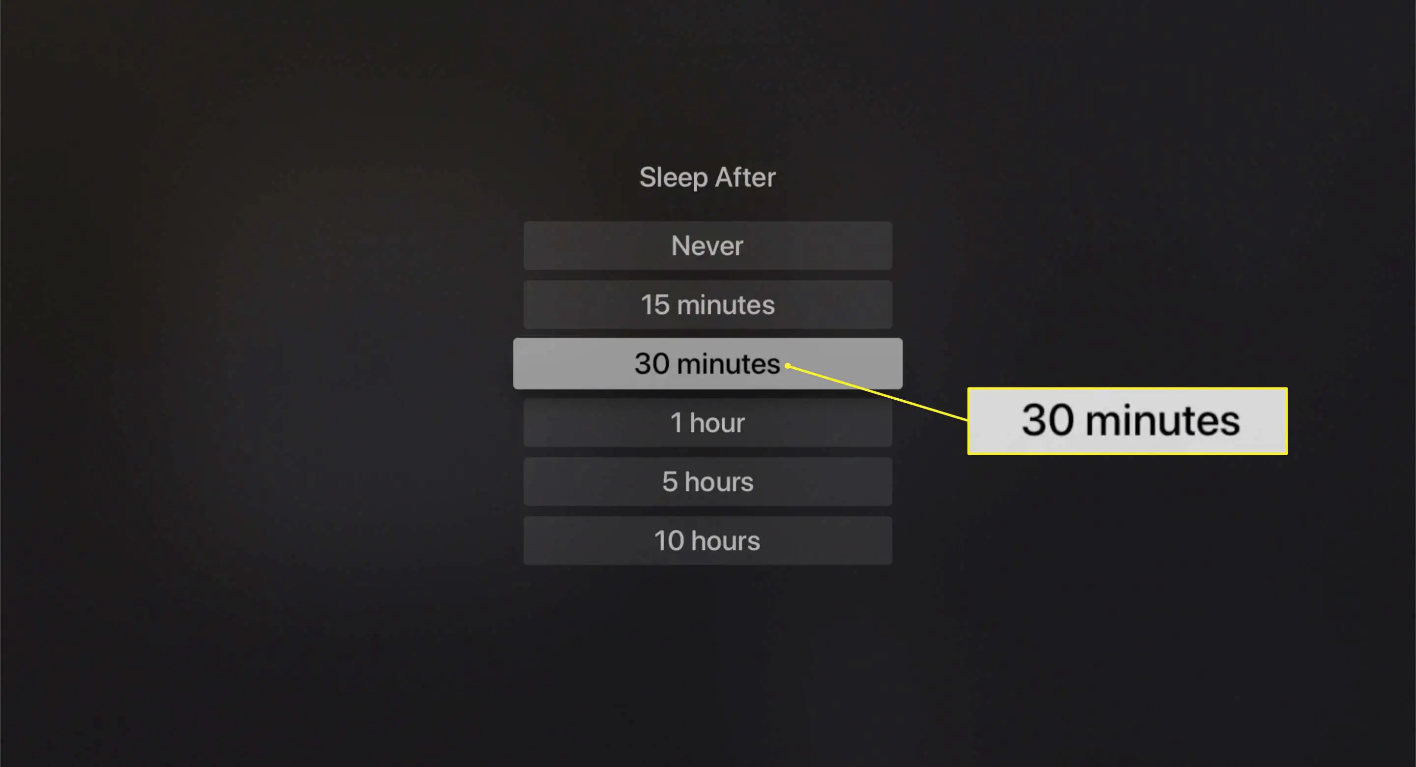 Opções Sleep After com 30 minutos destacados