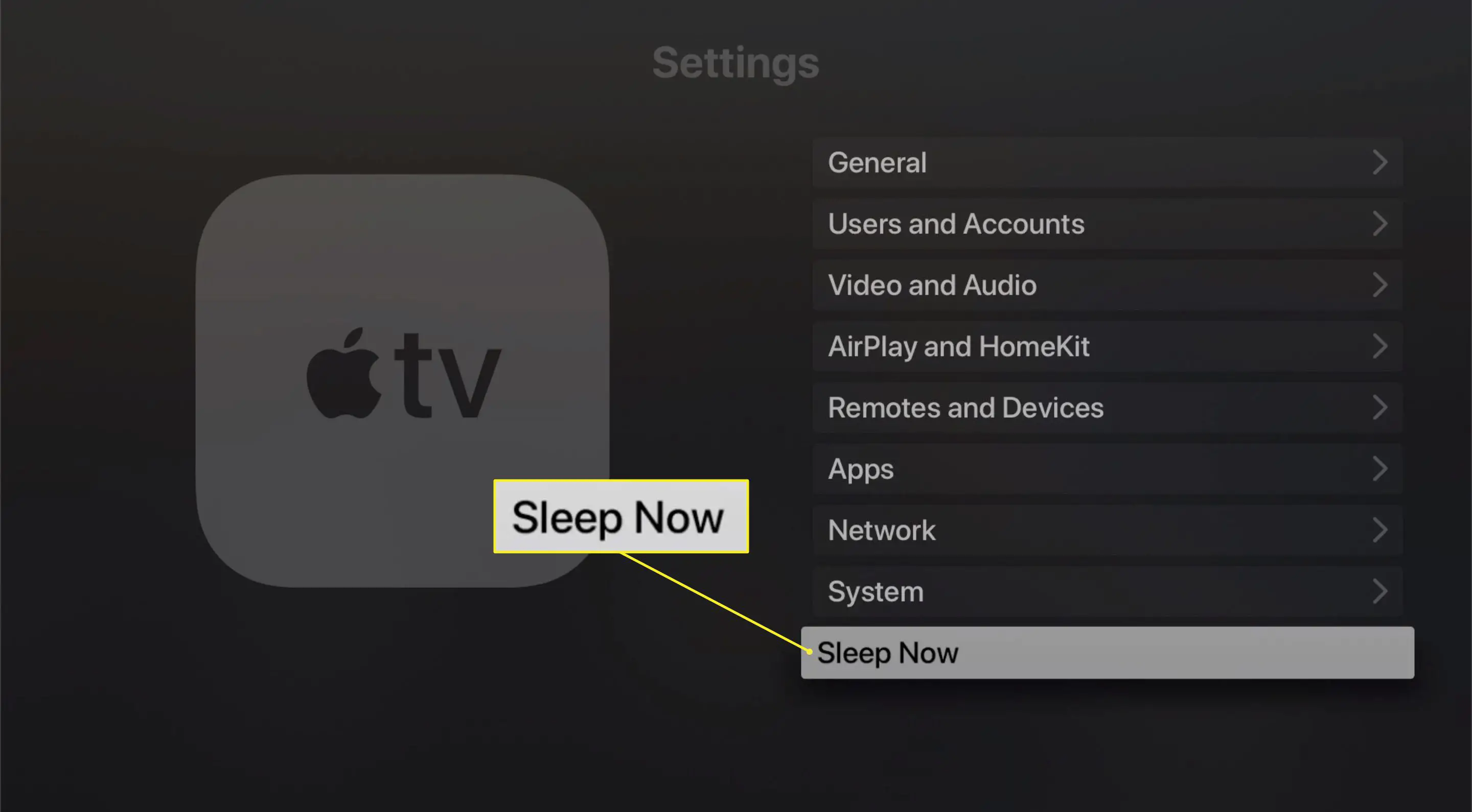 Botão Sleep Now na Apple TV