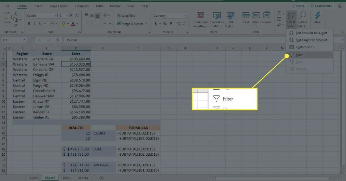 Filtre os dados em uma planilha do Excel para ver o resultado da função SUBTOTAL