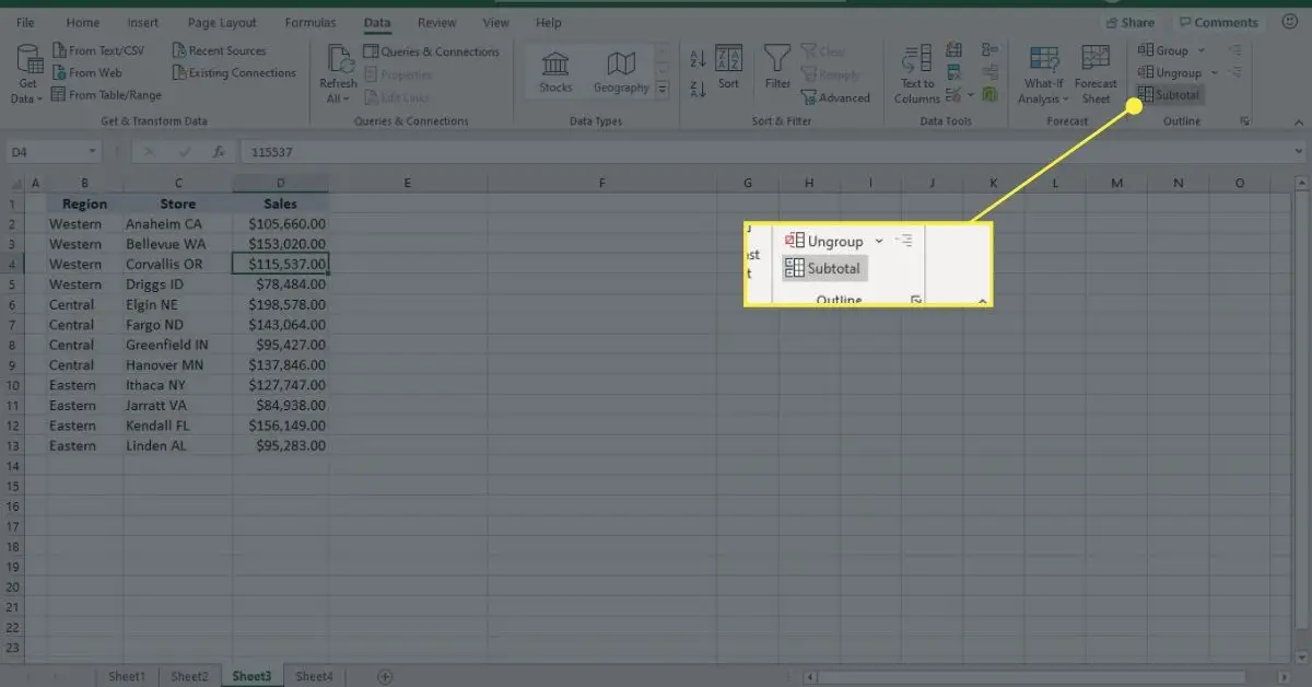 Use o comando Subtotal para criar subtotais e totais gerais para dados agrupados no Excel