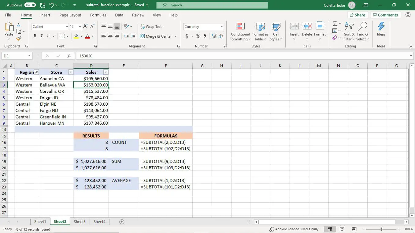 Resultados da função SUBTOTAL em dados filtrados em uma planilha do Excel