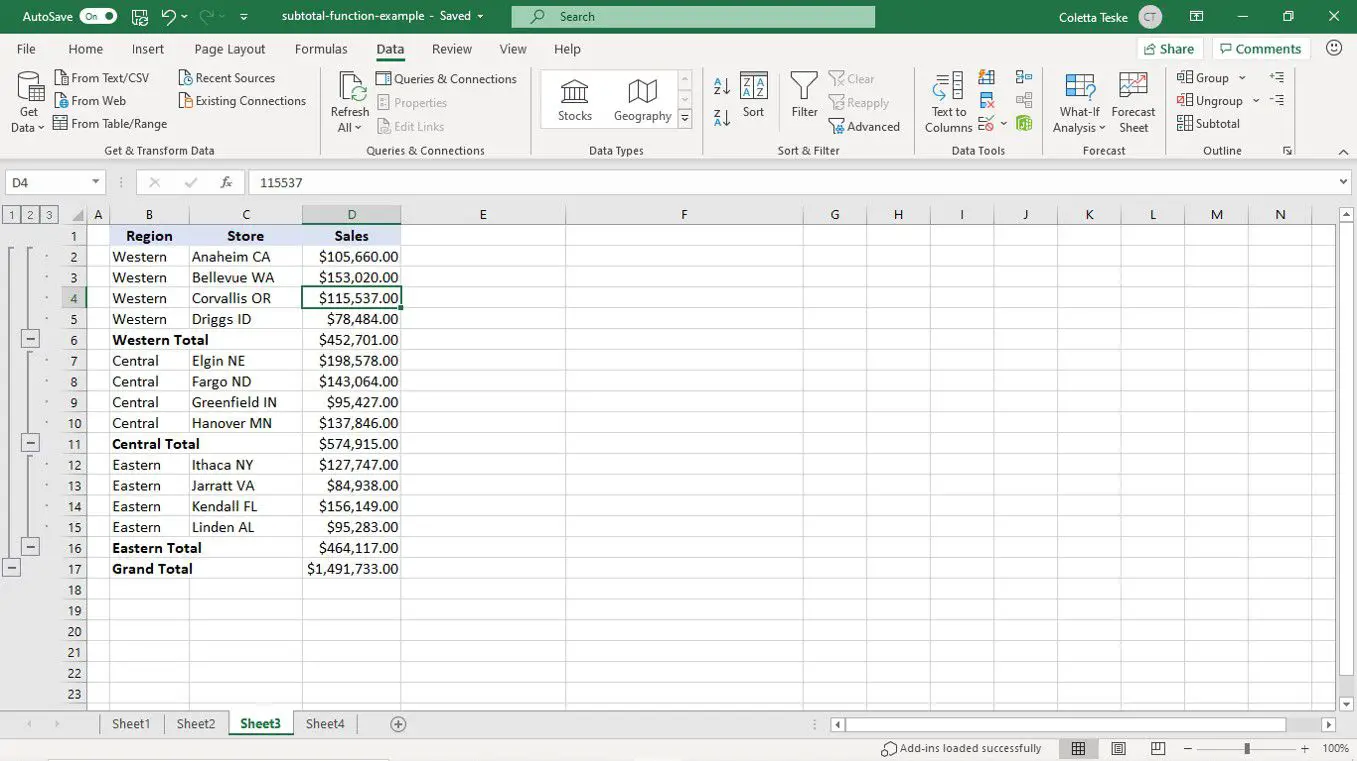 Subtotal e um total geral inserido em dados agrupados em uma planilha do Excel