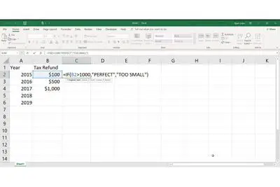 Exemplo de inserção de uma função IF-THEN no Excel 2016.
