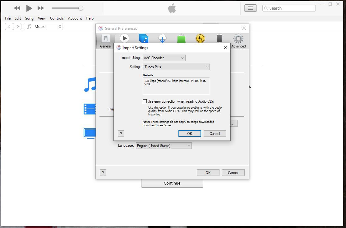 Configurações de importação do iTunes.