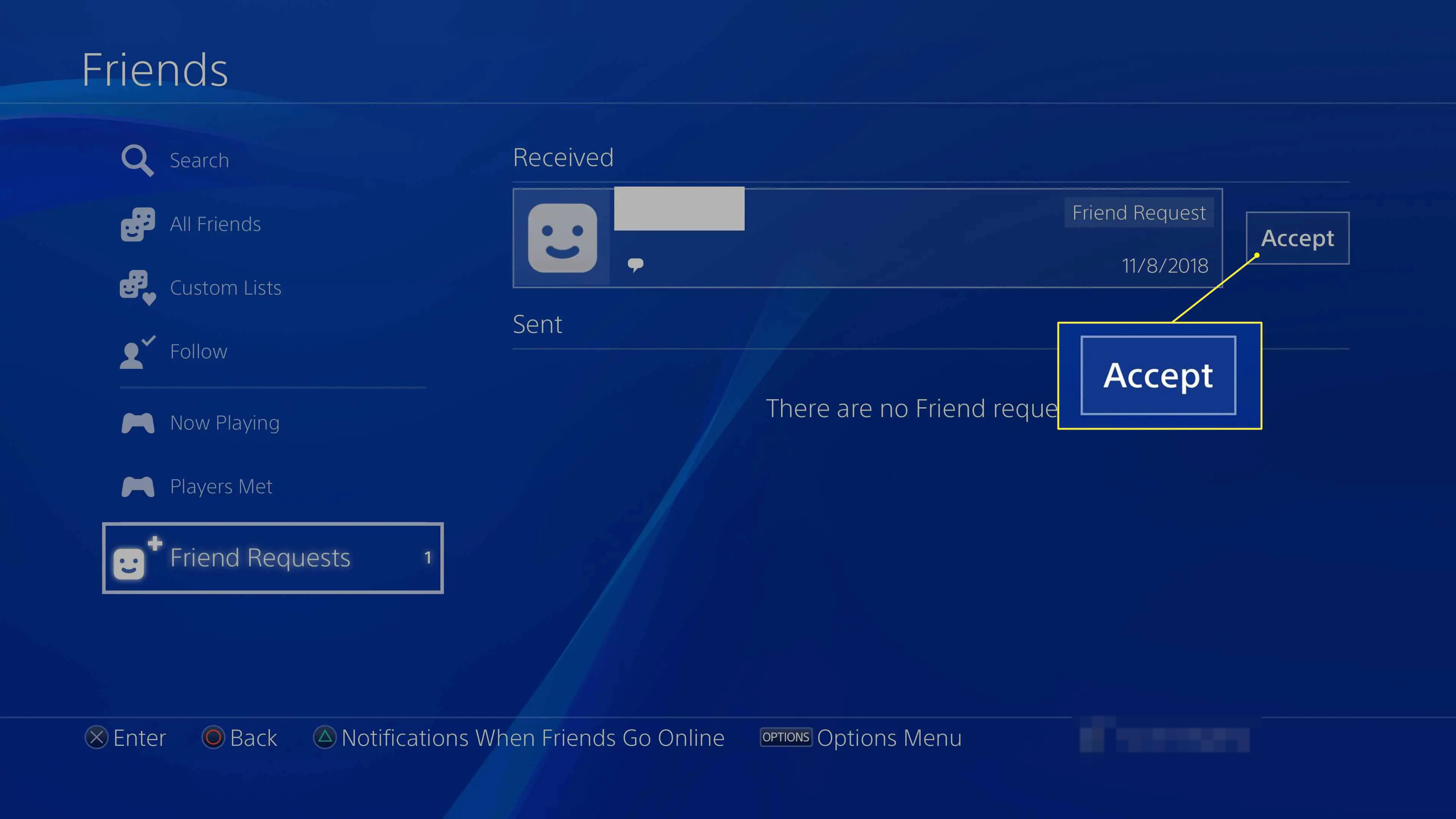 Aceitando pedido de amizade no PS4
