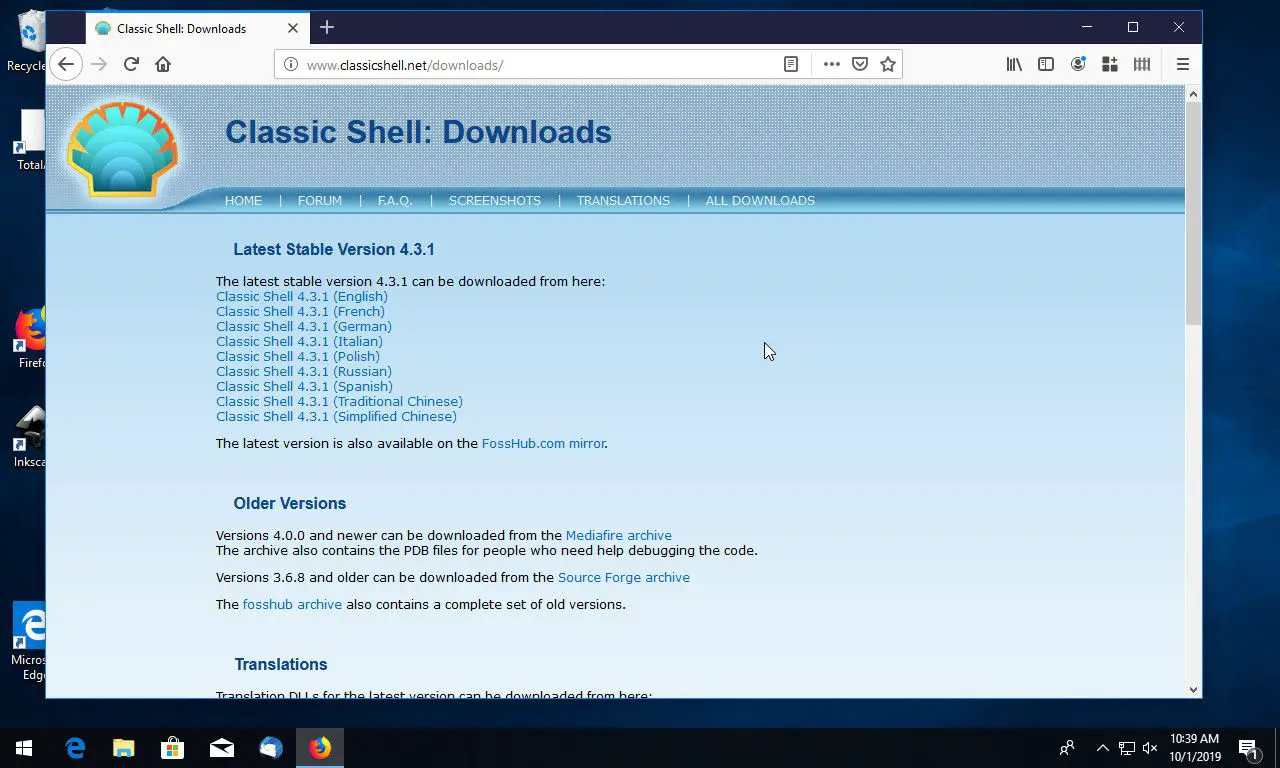 Página de download do Windows Classic Shell