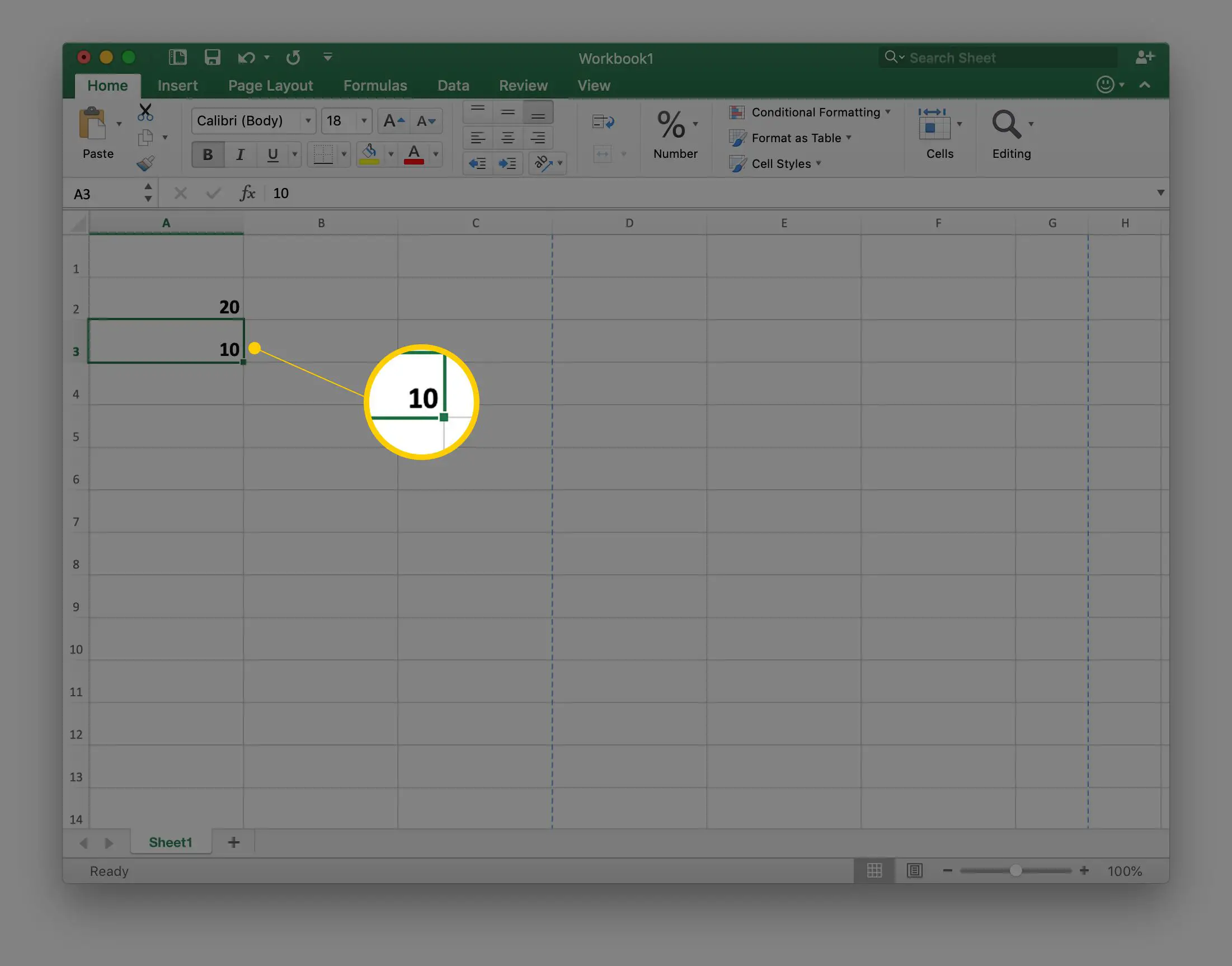 O número 10 na célula A3 em uma planilha do Excel