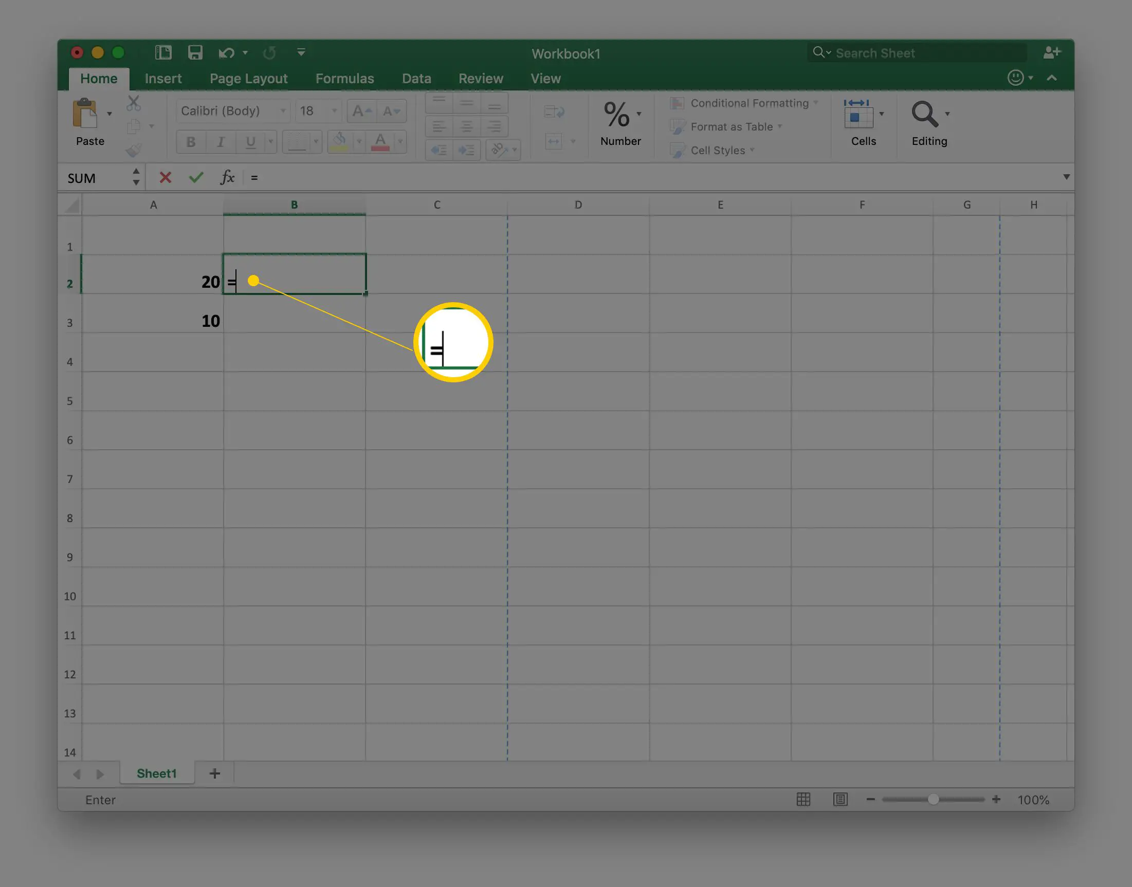O sinal de igual na célula B2 em uma planilha do Excel
