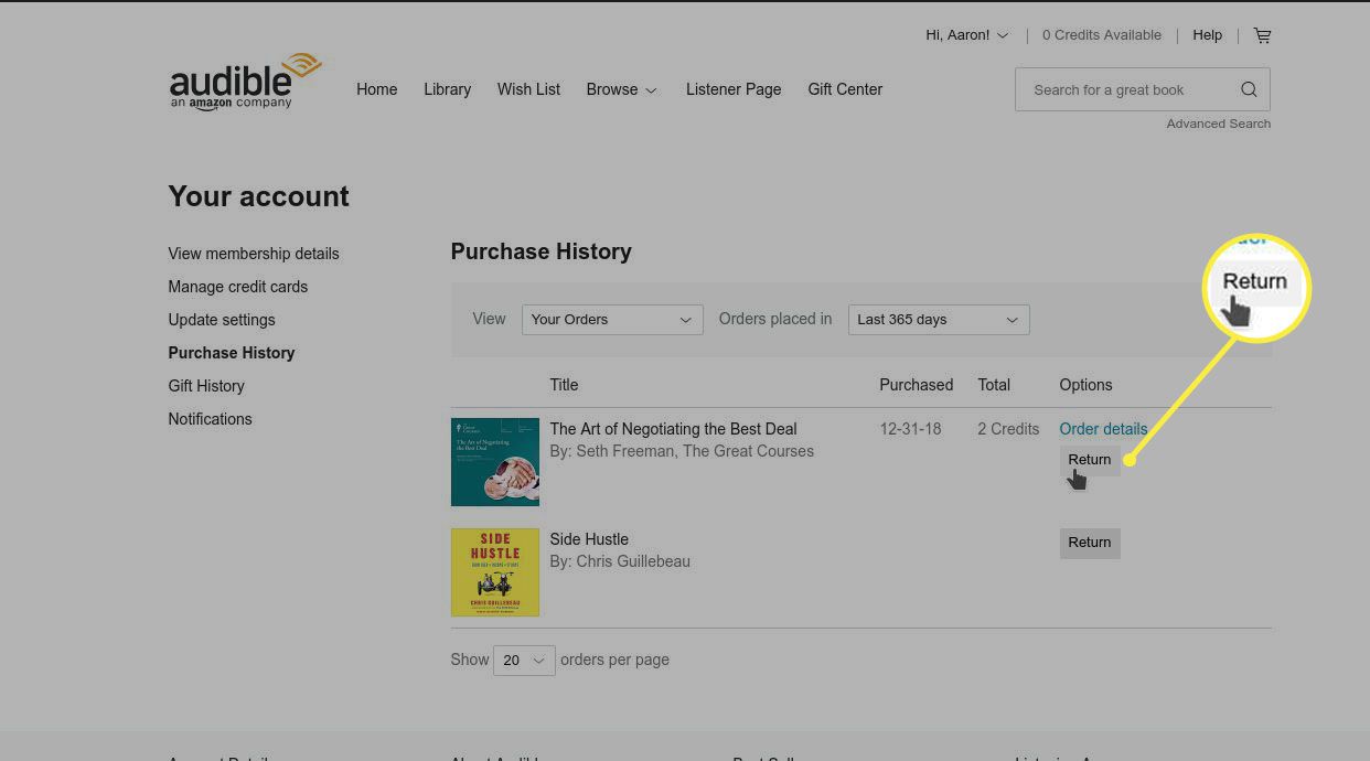 A página Histórico de compras em sua conta lista todas as suas compras anteriores.