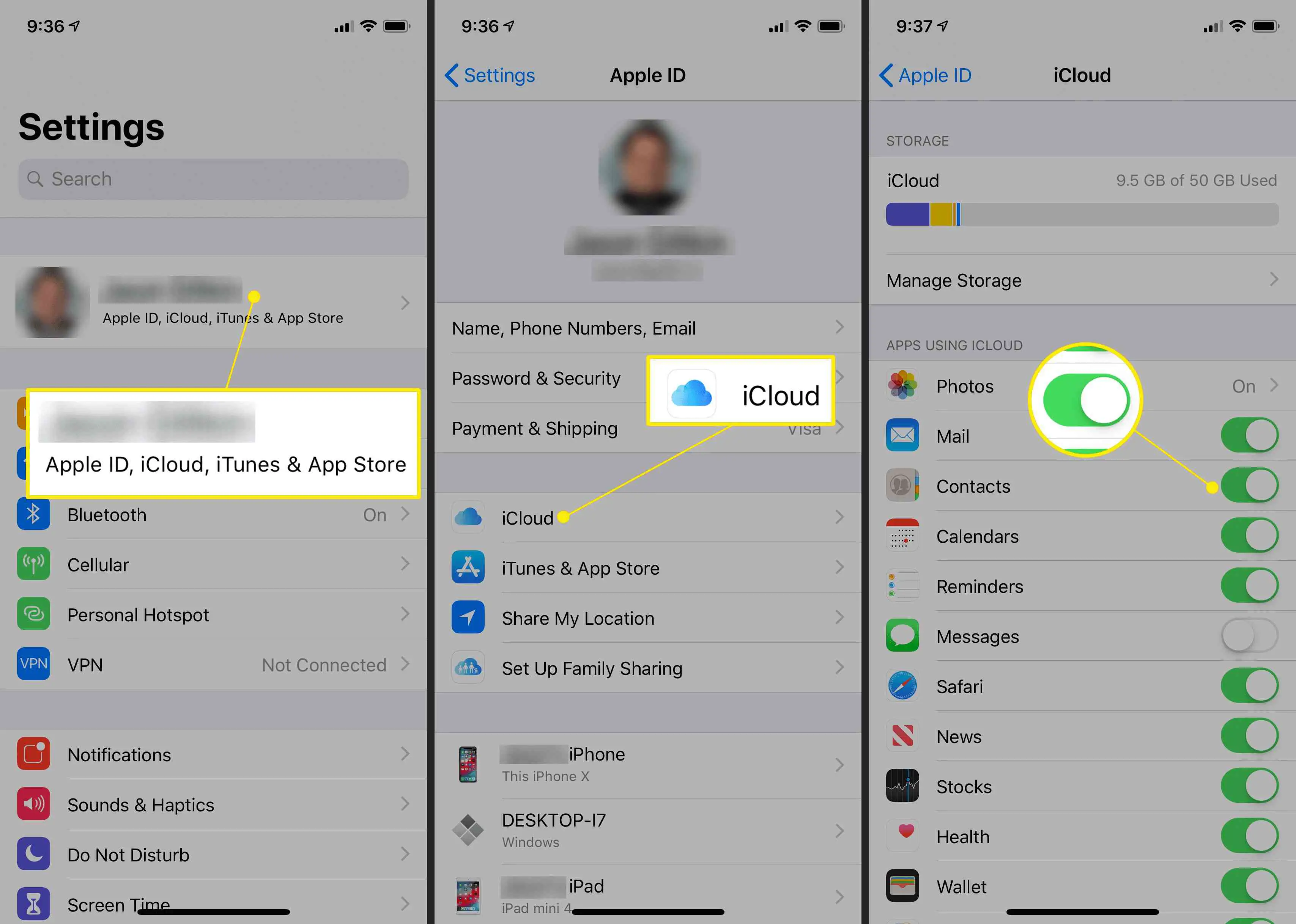 Apple ID, botão do iCloud, alternância de contatos nas configurações do iOS