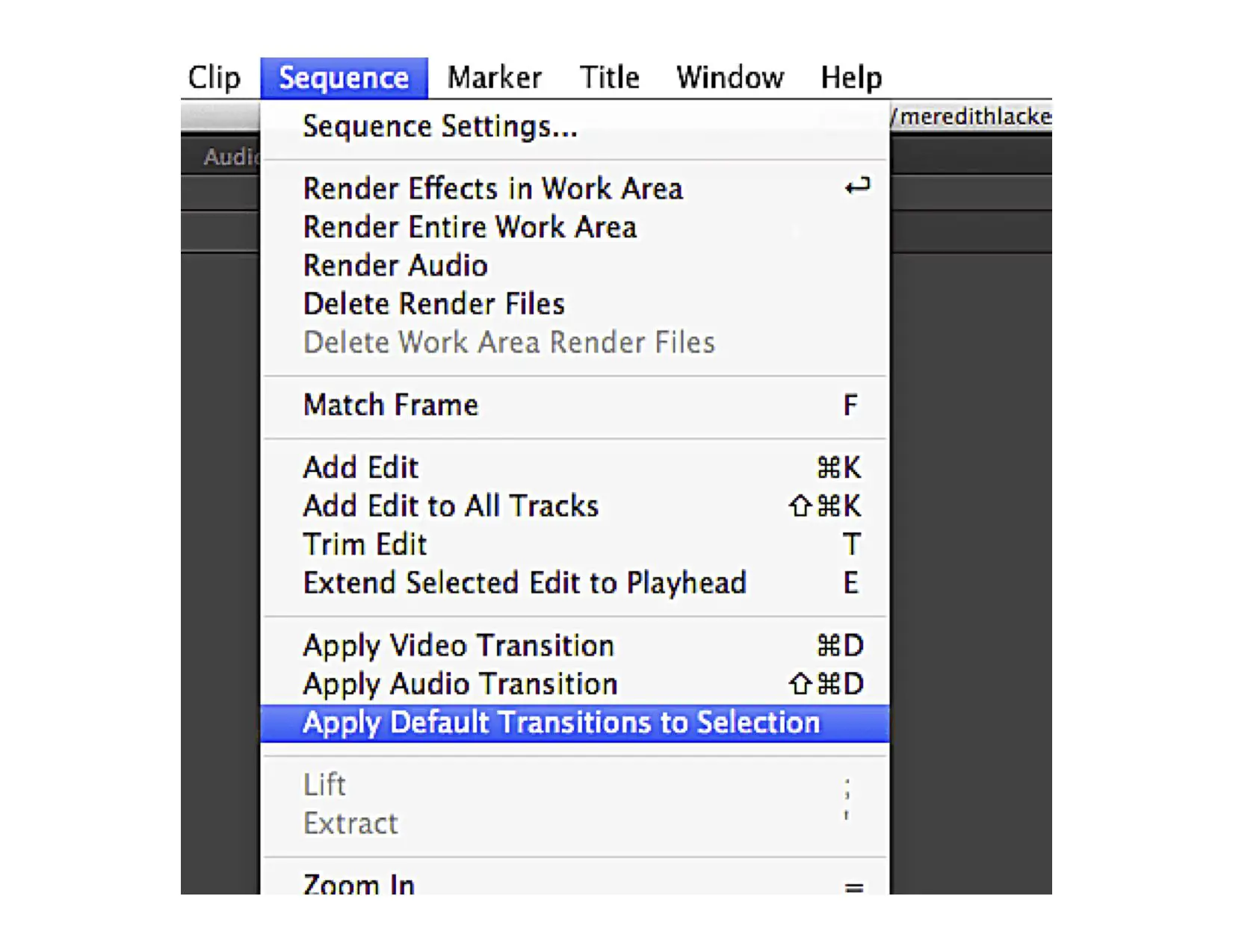 Captura de tela das ferramentas de sequência do Adobe Premiere