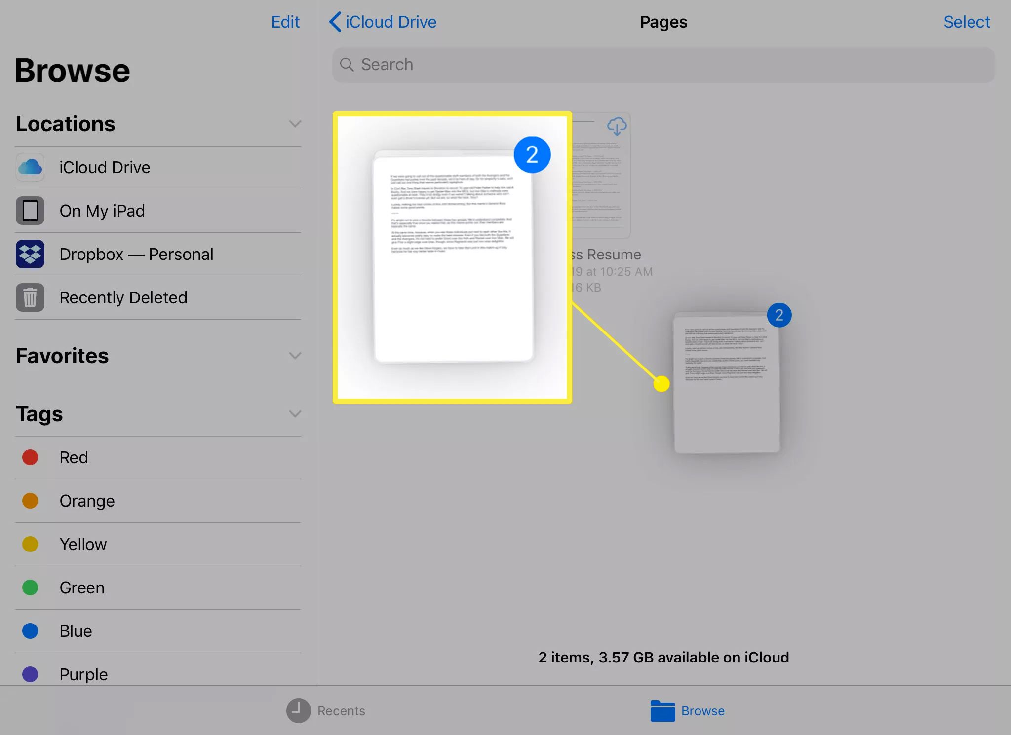Indicador de vários arquivos no aplicativo iOS e iPadOS Files