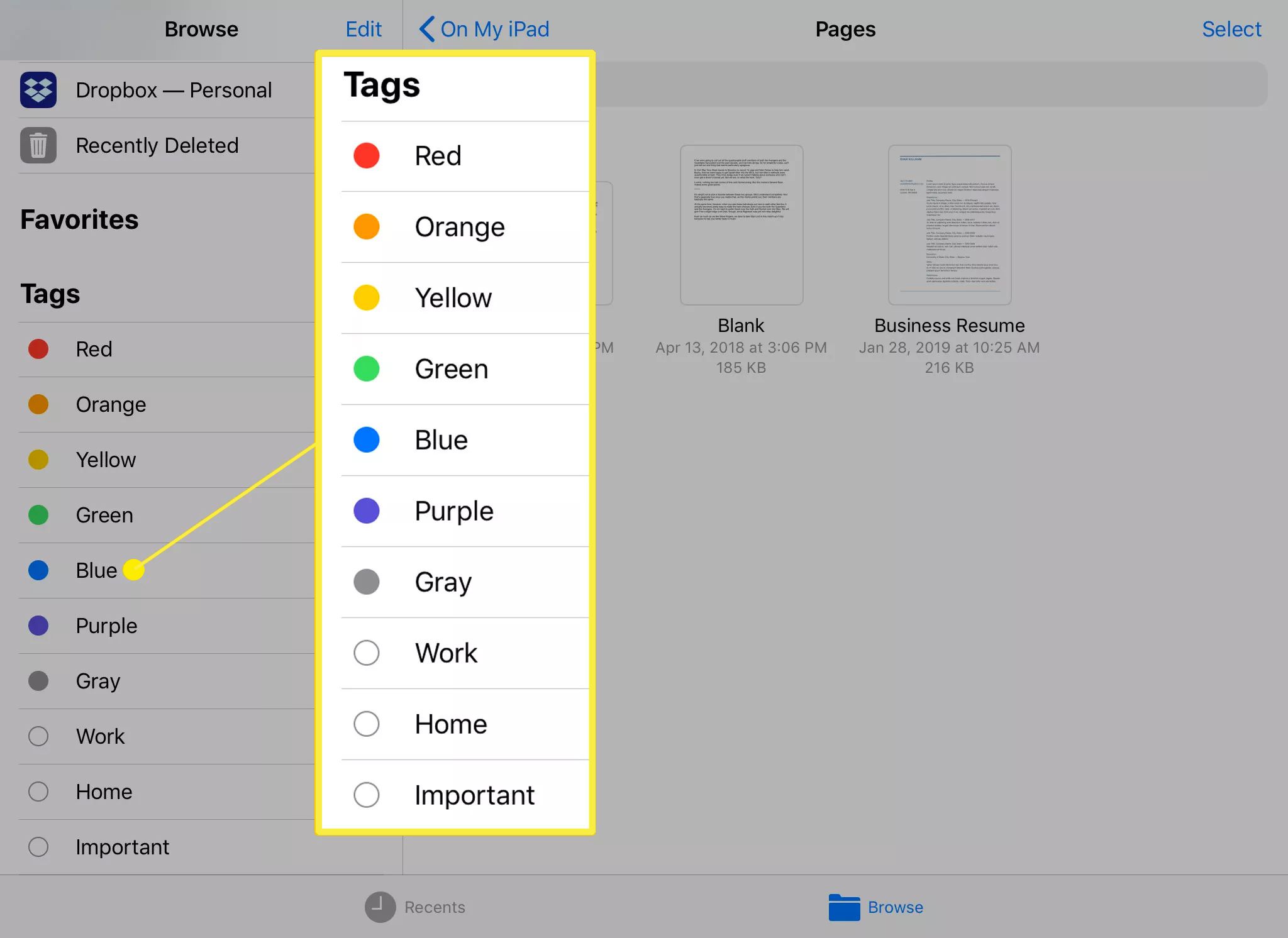 Opções de etiqueta no aplicativo Arquivos para iOS e iPadOS