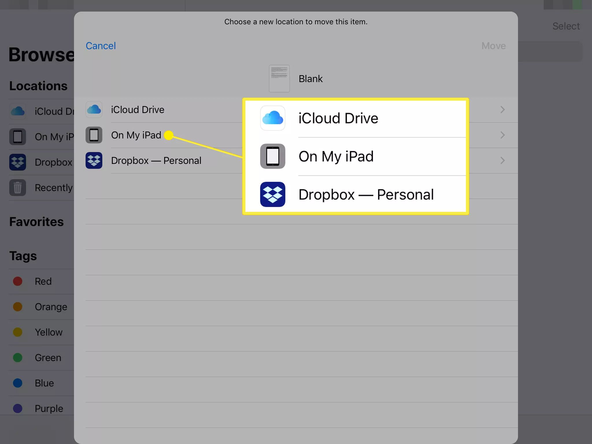 Opções de destino no aplicativo Arquivos para iOS e iPadOS