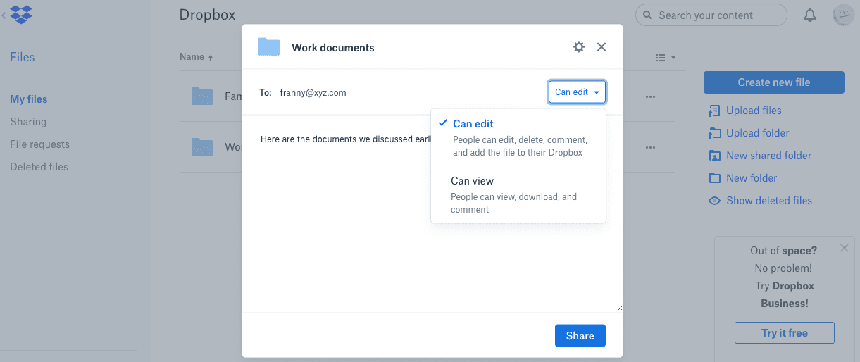Configuração de permissões de pasta do Dropbox