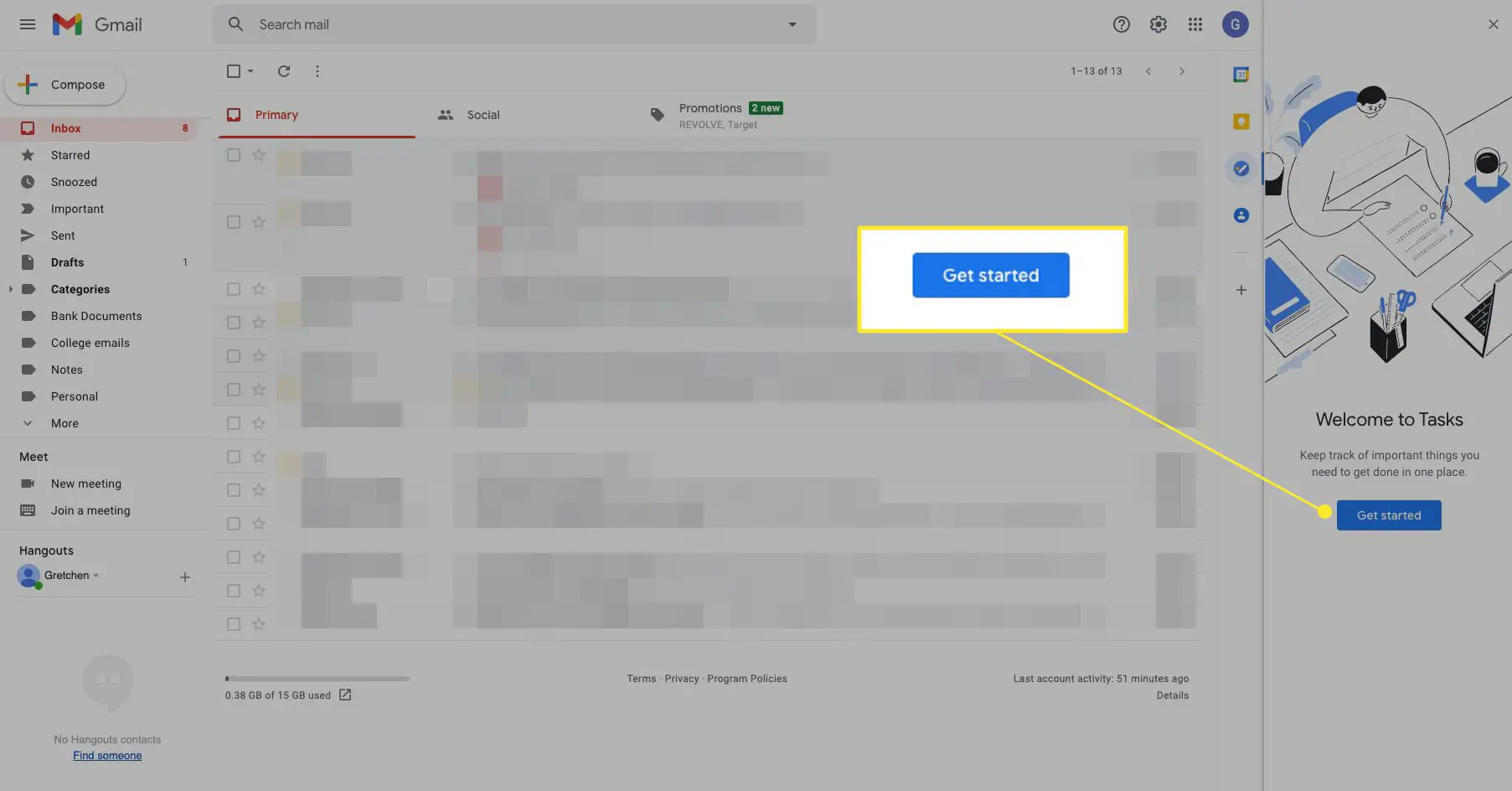 Janela de tarefas do Gmail com "Primeiros passos" destacado