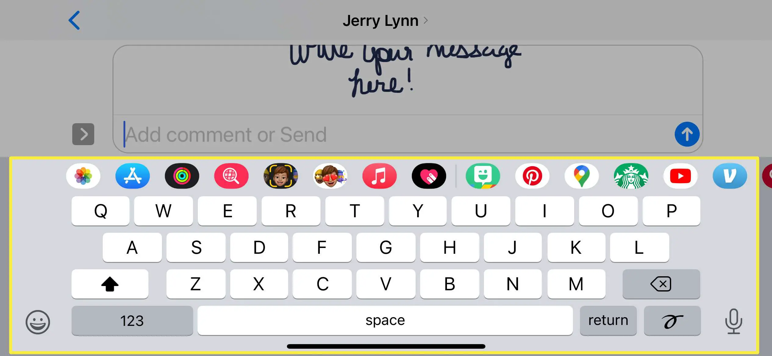 As opções de texto e emoji no iMessage.