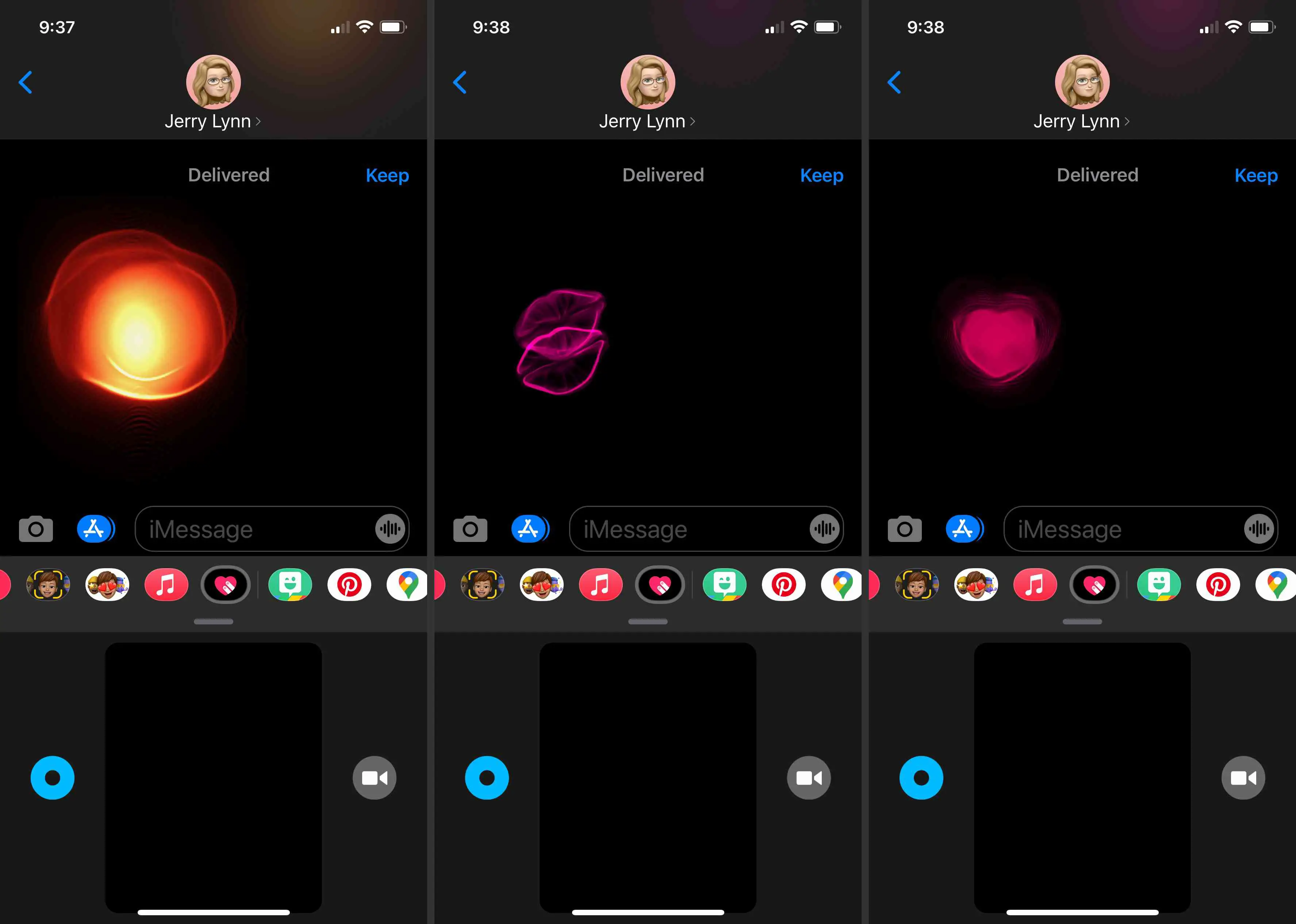 Capturas de tela mostrando uma bola de fogo, beijo e batimento cardíaco no iMessage.