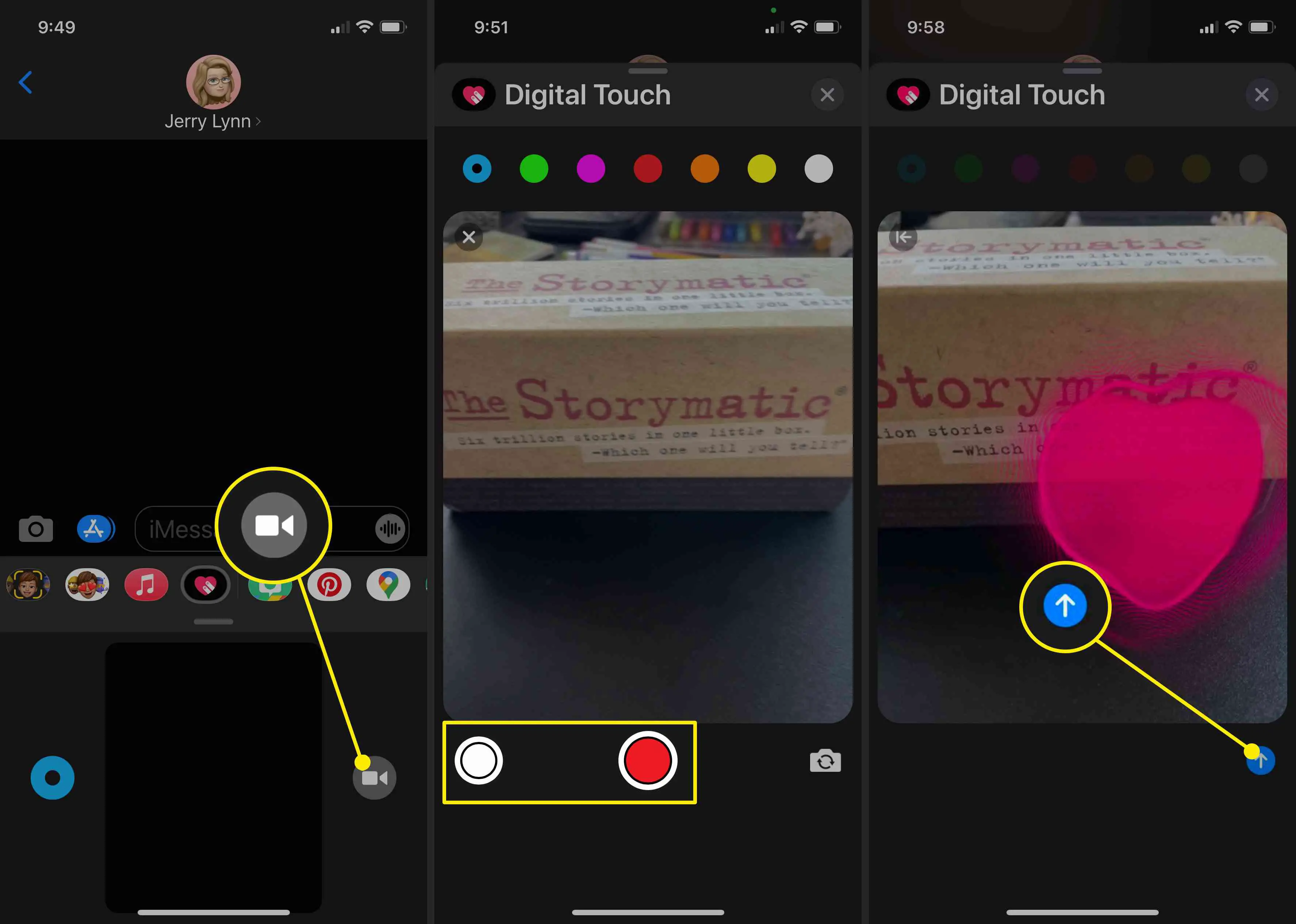 Capturas de tela da adição de efeitos de toque digital a fotos e vídeos no iMessage.