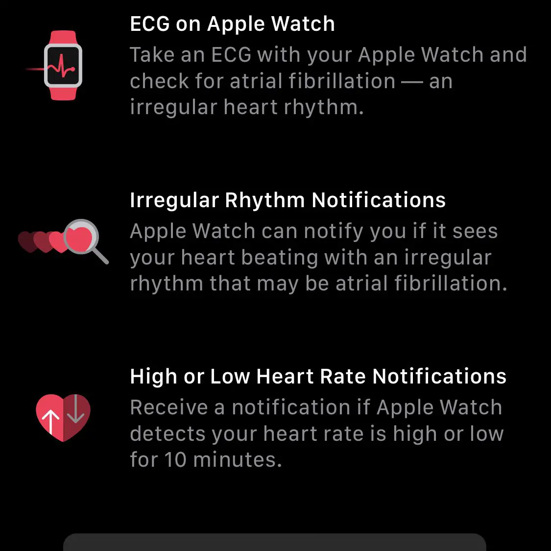 Uma captura de tela com informações sobre os recursos de saúde cardíaca do Apple Watch