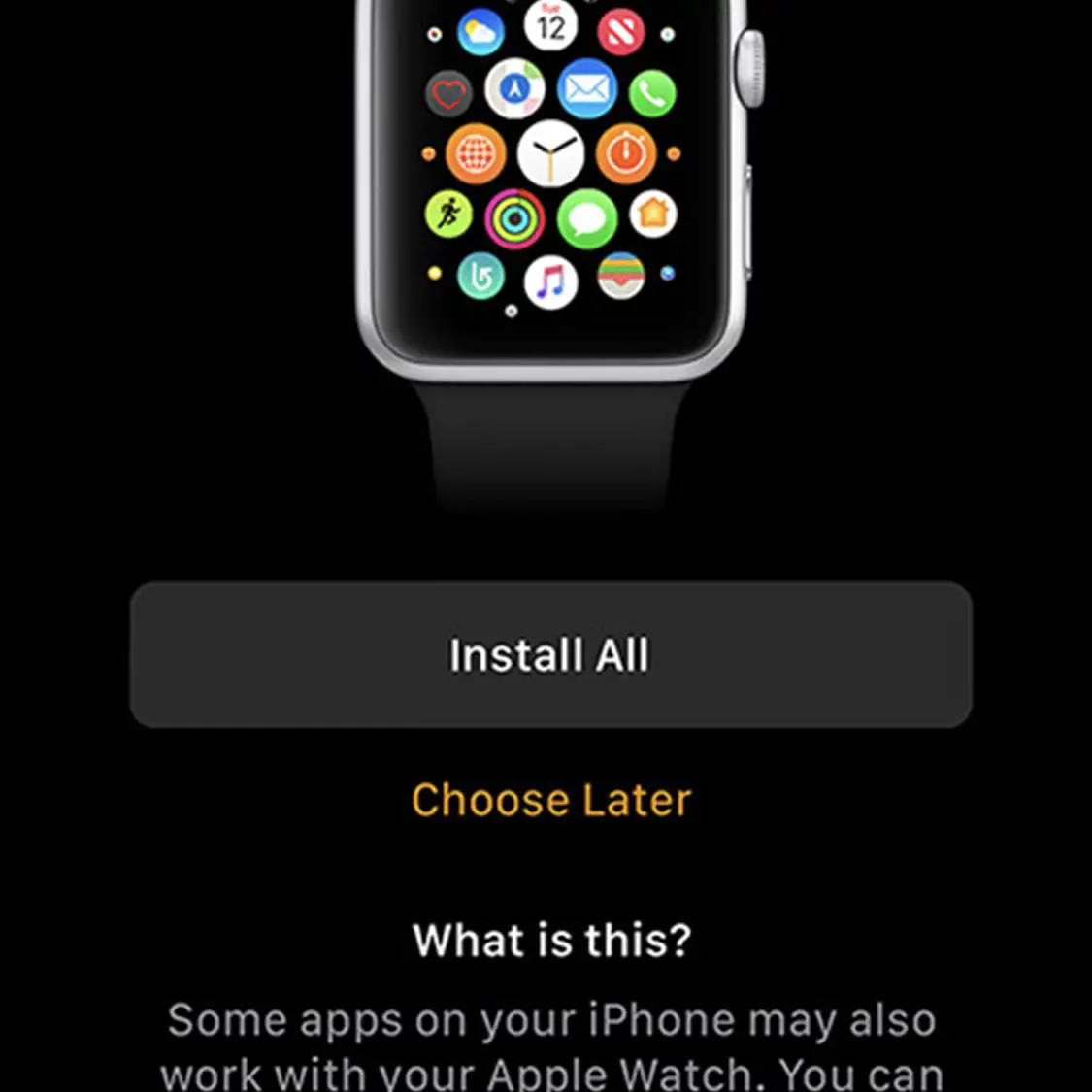Uma tela que oferece opções para instalar aplicativos no Apple Watch