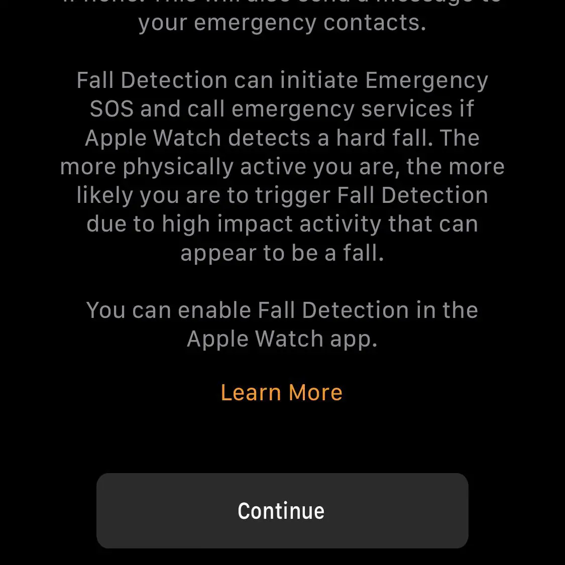 Uma tela que descreve os recursos de emergência do Apple Watch