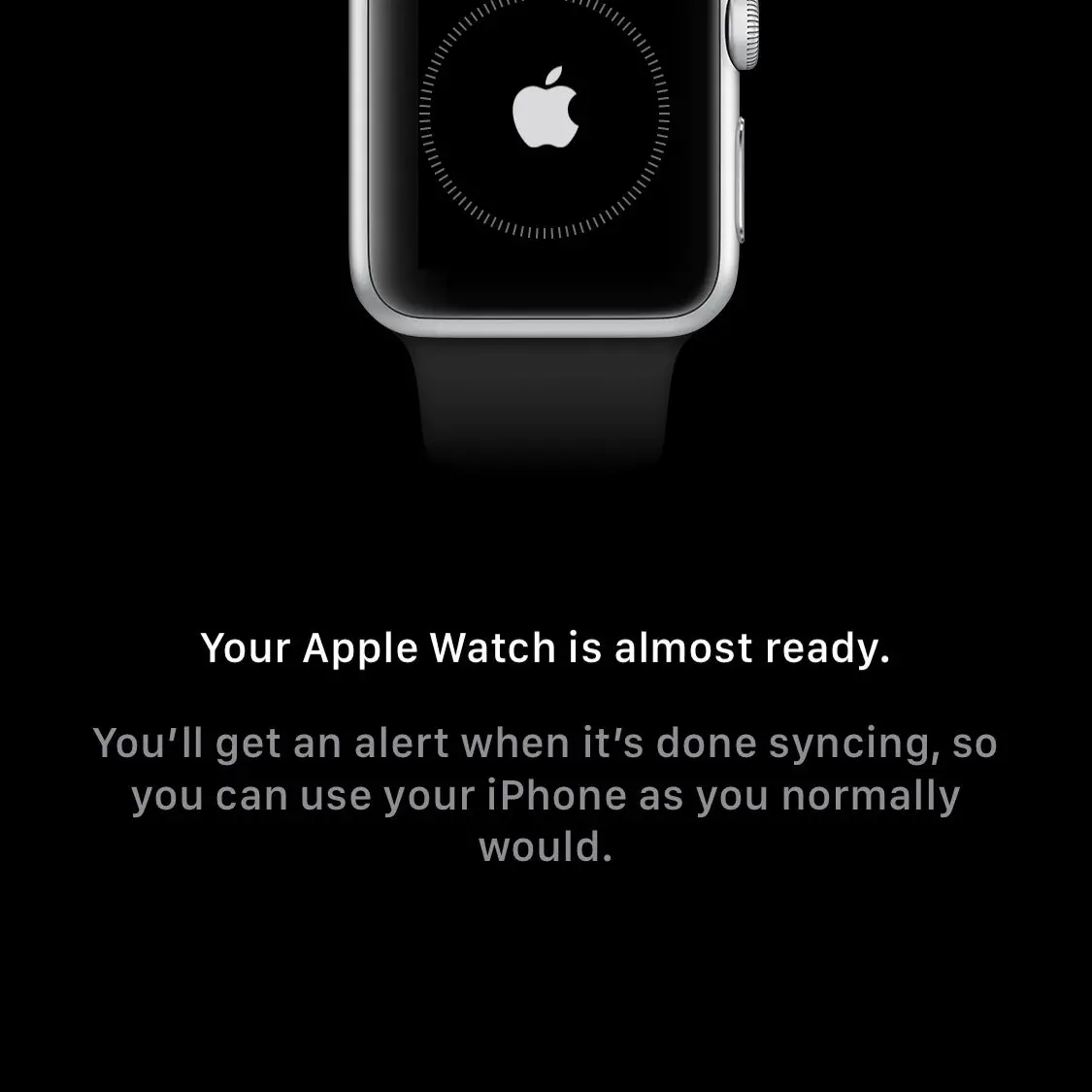 Uma tela mostrando o Apple Watch e o iPhone sincronizando um com o outro