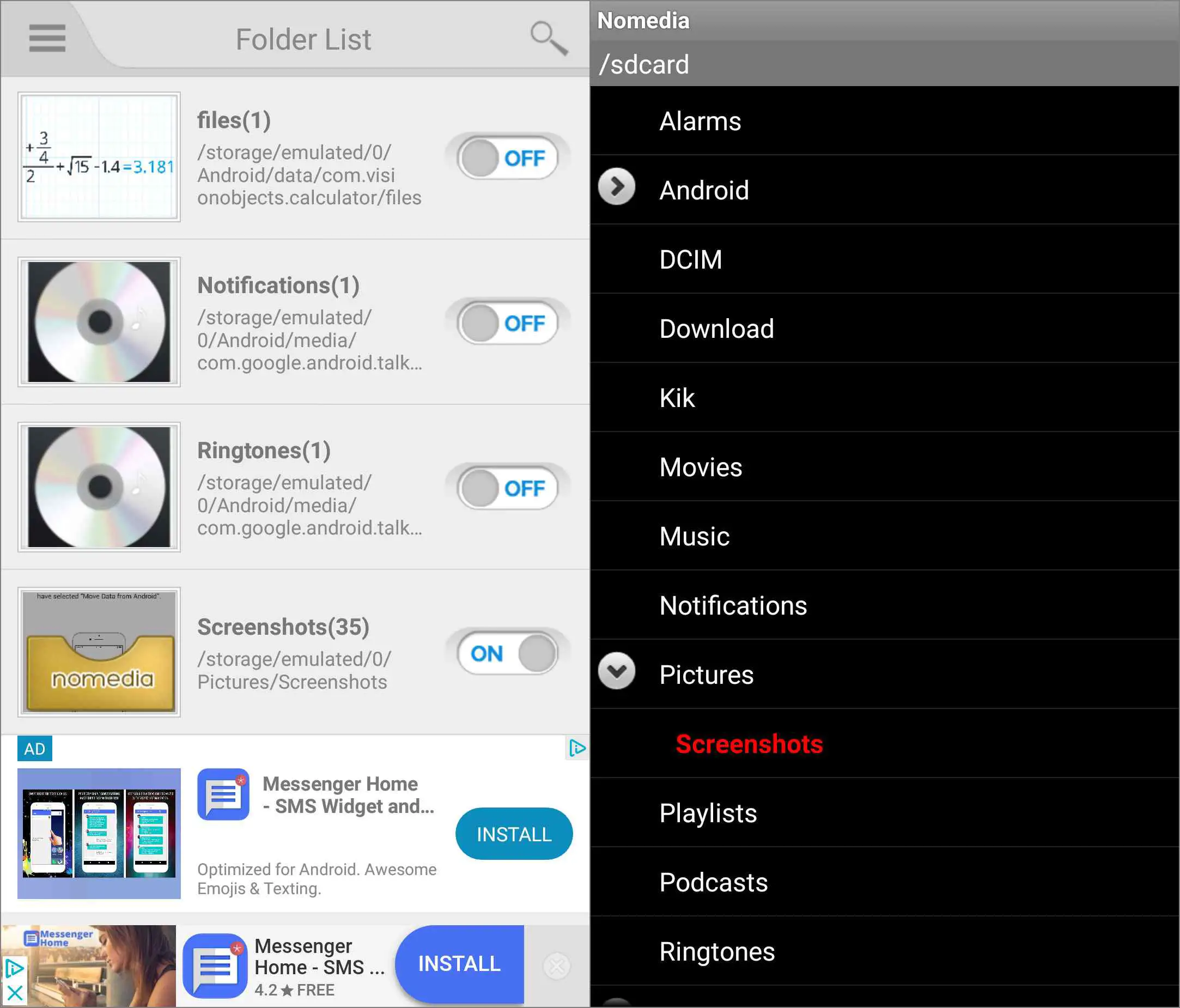 Capturas de tela de dois aplicativos de gerenciamento de arquivos nomedia