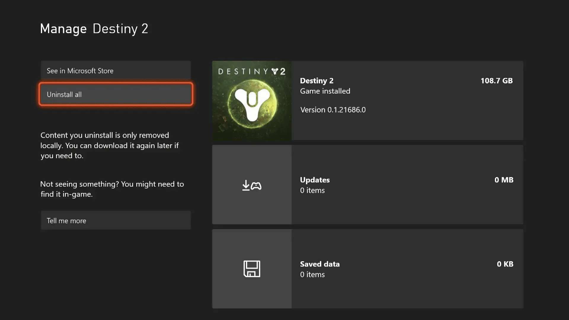 Uma tela da tela de gerenciamento do jogo no Xbox Series X | S.