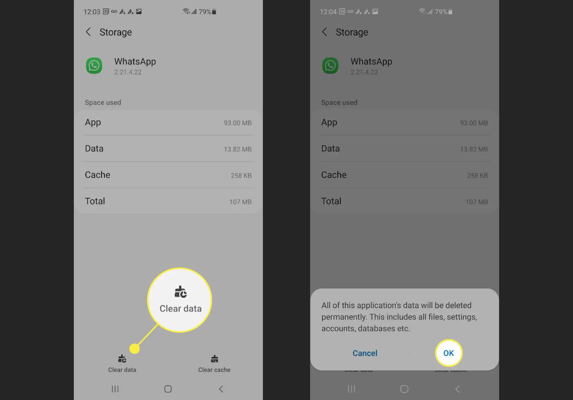 O botão Limpar dados e a confirmação destacados no Android.