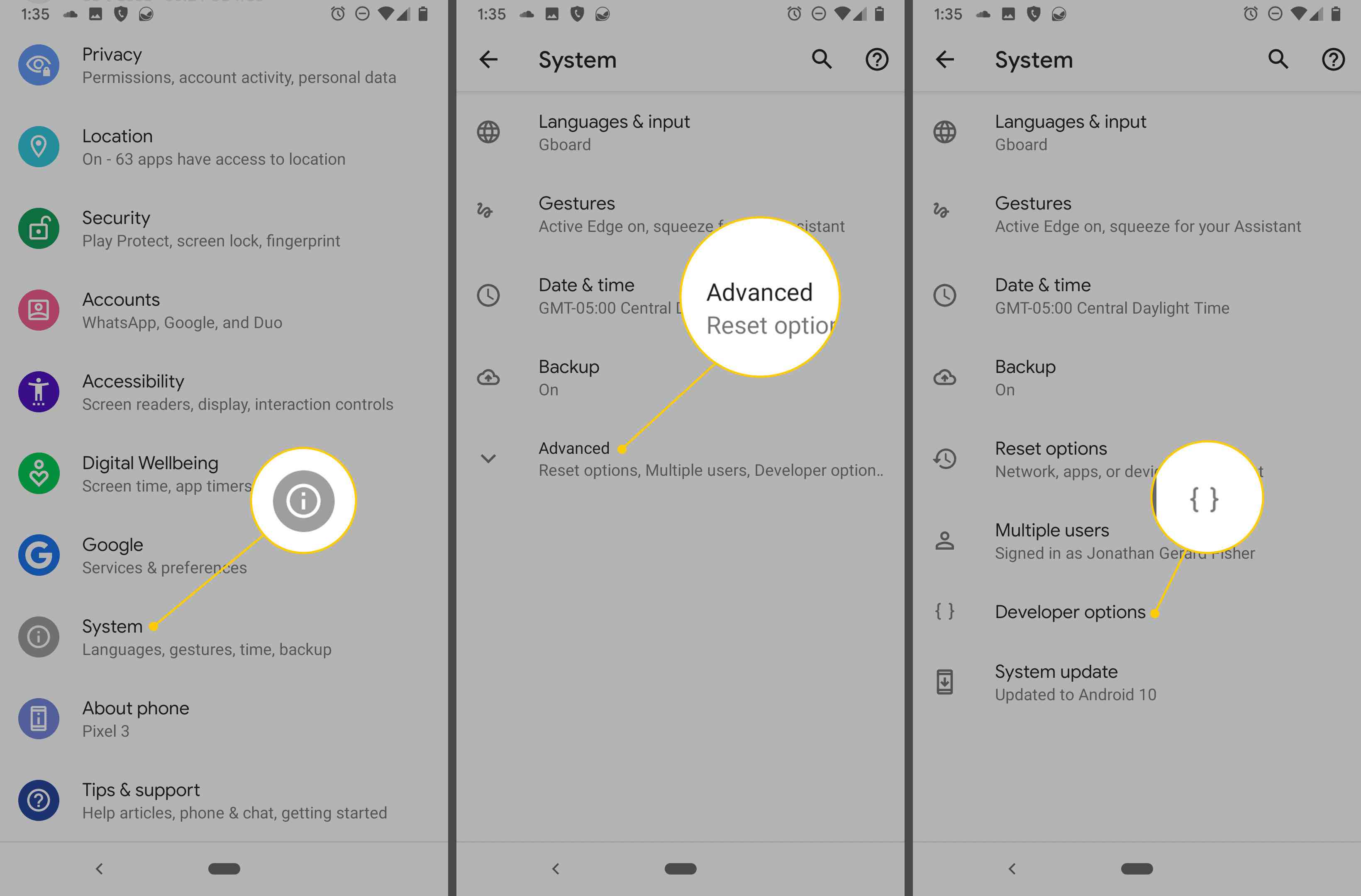 Caminho de opções do desenvolvedor em um dispositivo Android