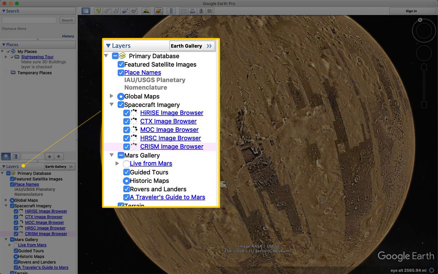 Painel de camadas no canto esquerdo inferior do Google Earth Pro