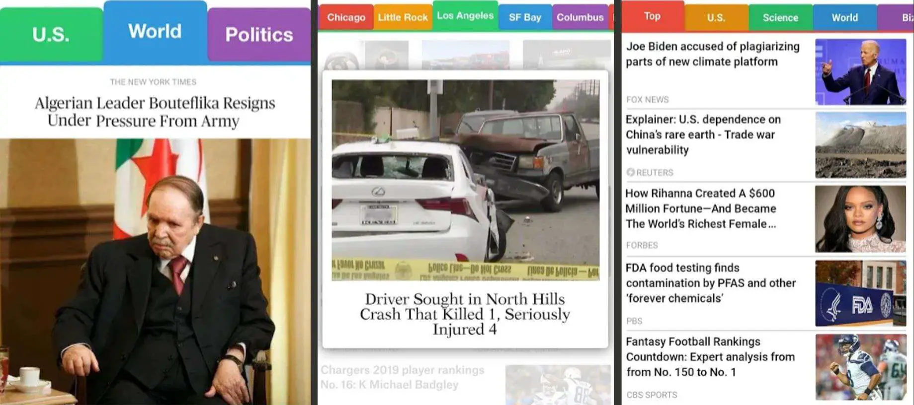 Três screenshots do SmartNews para Android.
