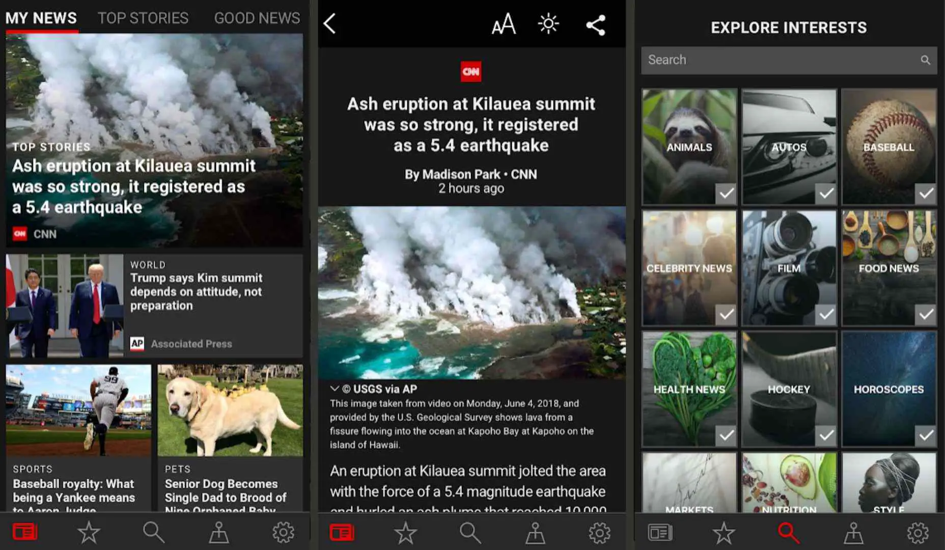 Três capturas de tela do aplicativo Microsoft News para Android.