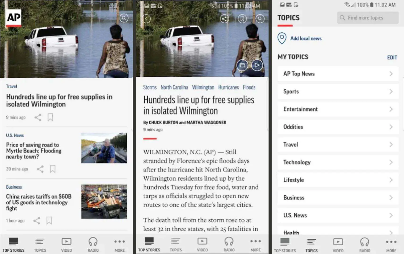 Três screenshots do AP News para Android.
