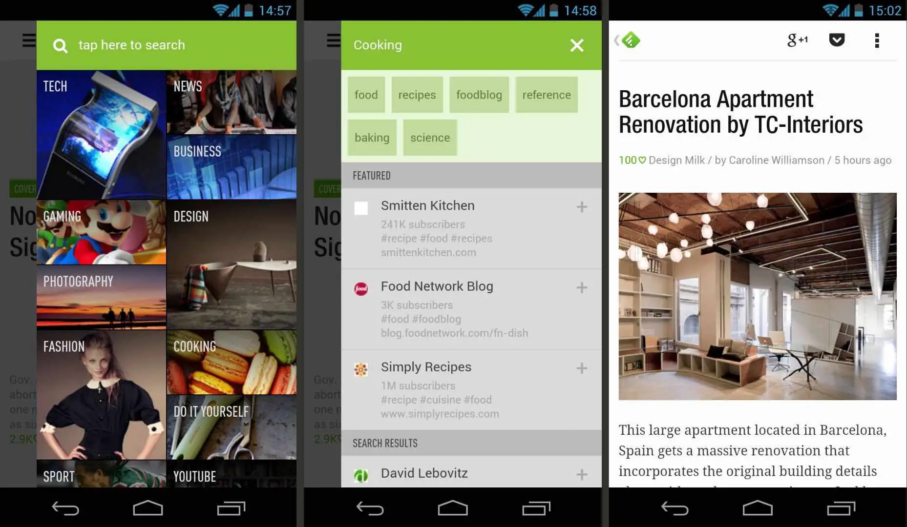 Três screenshots do Feedly para Android.