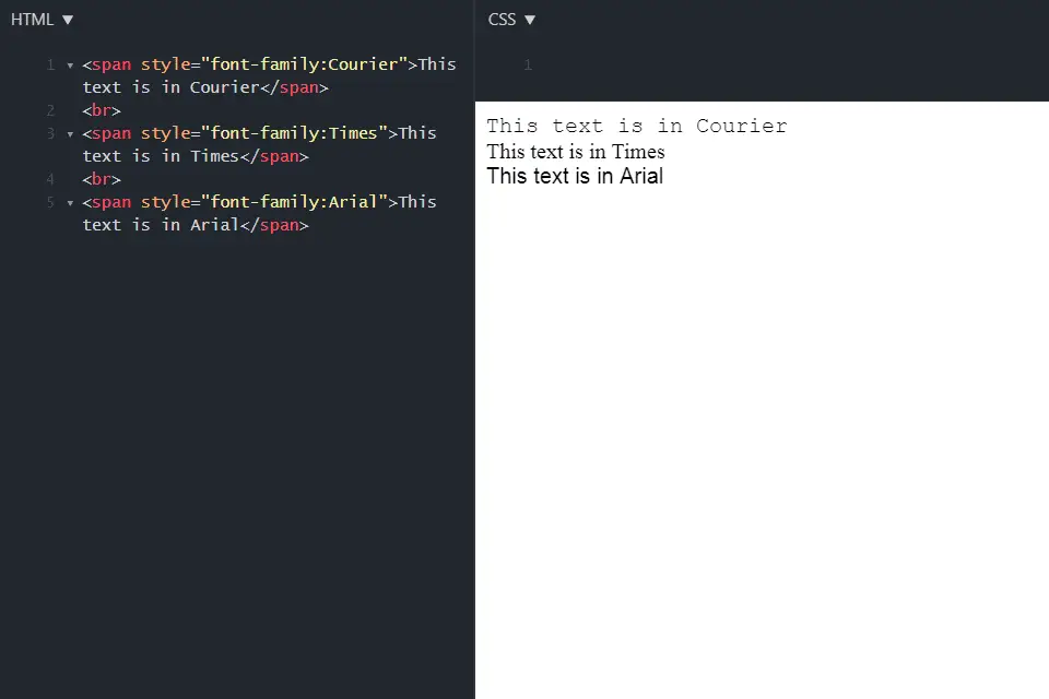 Captura de tela das opções da família de fontes em HTML