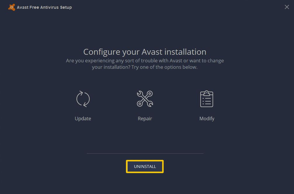 Uma captura de tela da opção de desinstalação no Avast Antivirus