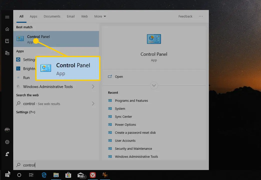 Captura de tela da abertura do Painel de Controle no Windows 10