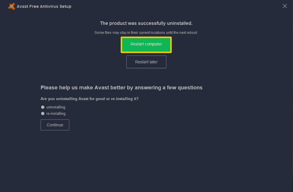 Captura de tela do prompt Reiniciar computador de desinstalação do Avast.