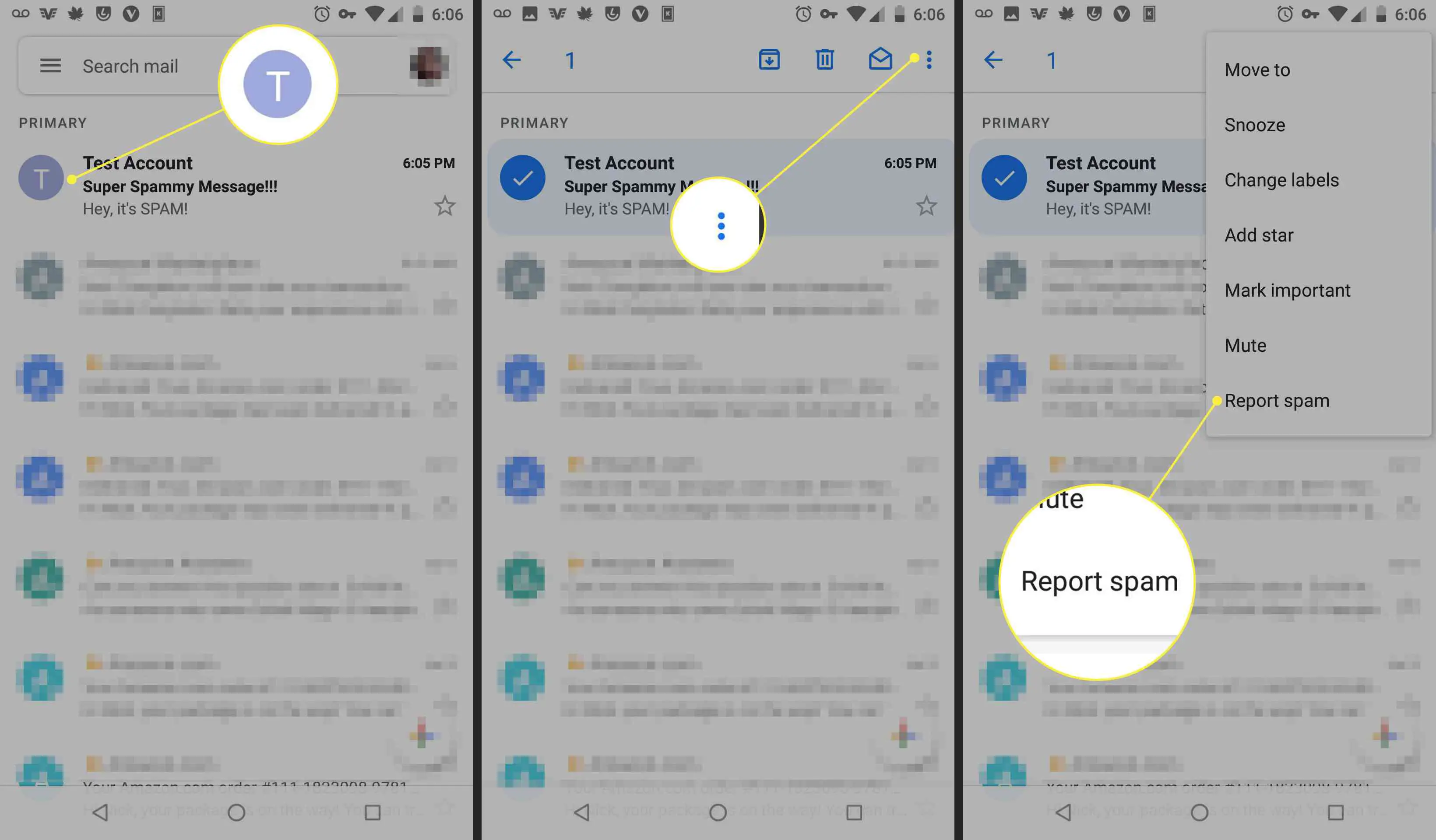 Capturas de tela do aplicativo Gmail mostrando como denunciar uma conta como spam