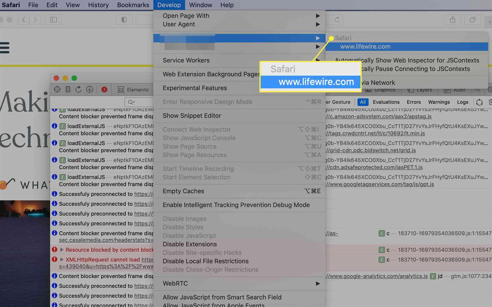 Safari mobile Web Inspector ativado no menu Desenvolver no macOS
