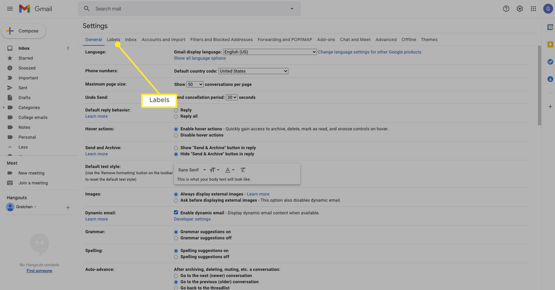 Configurações do Gmail com a guia Marcador destacada