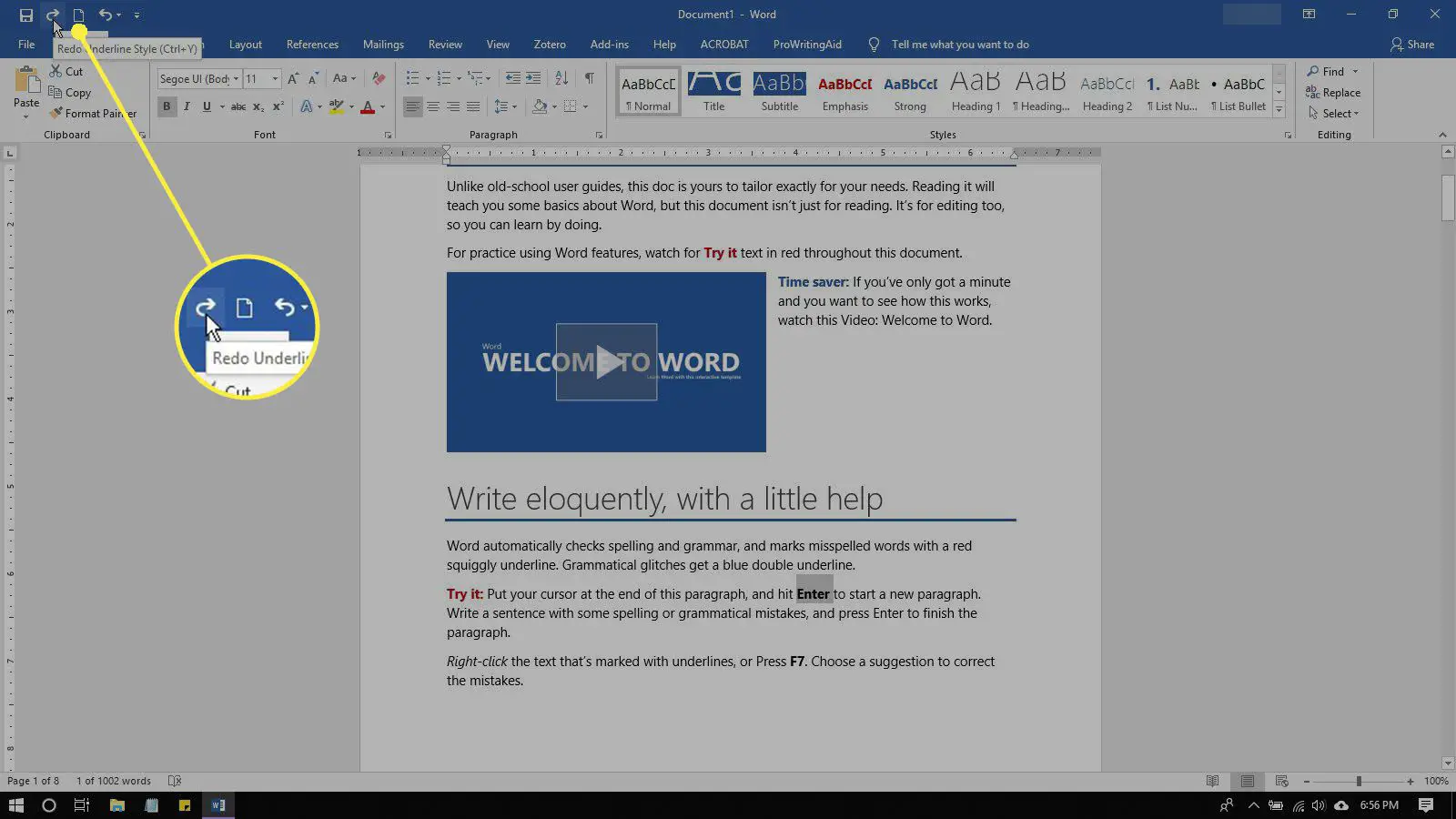 O comando Refazer está sendo mostrado na Barra de Ferramentas de Acesso Rápido do Microsoft Word.