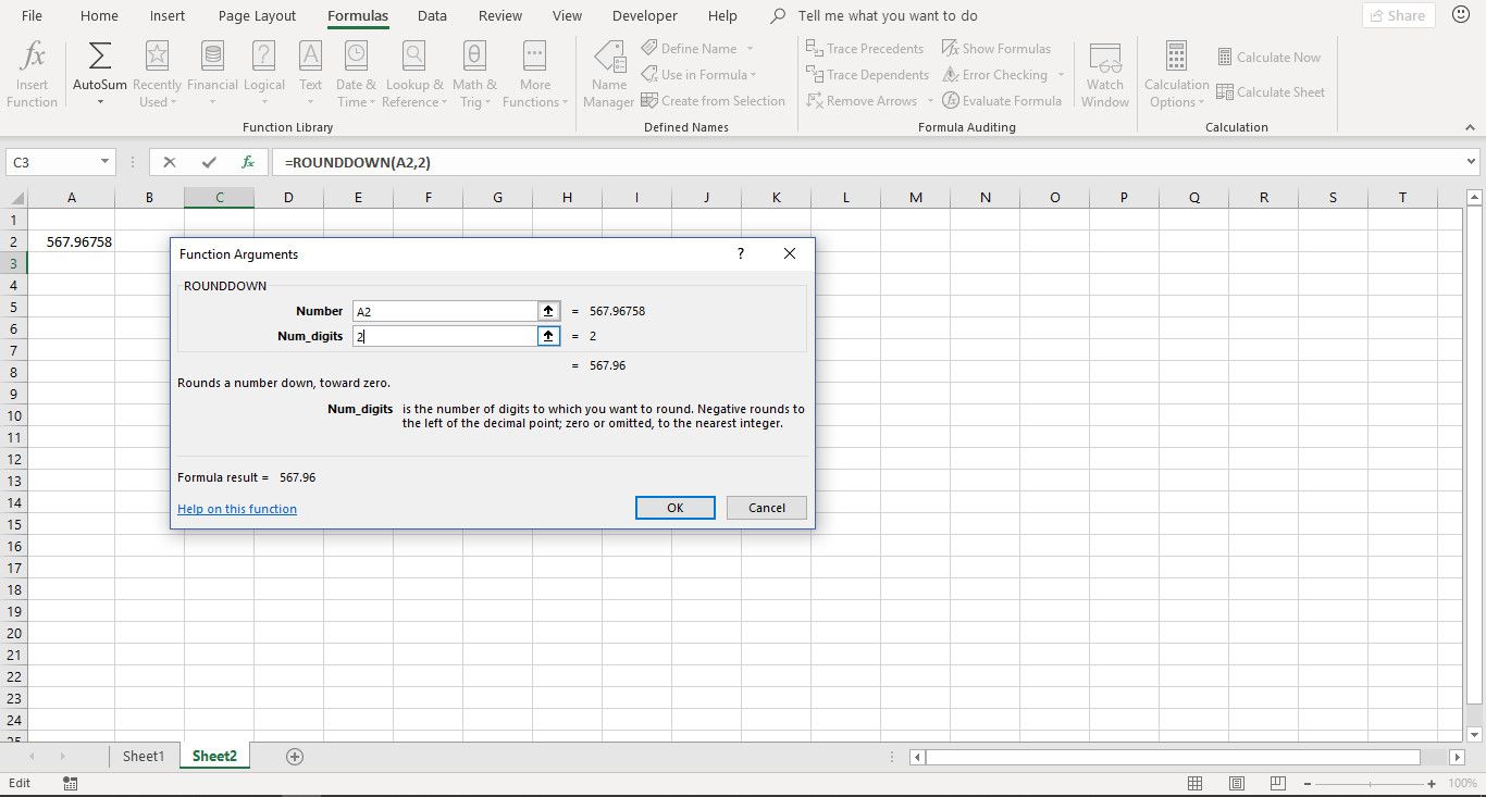 A caixa de diálogo do argumento da função ROUNDOWN no ​​Excel.