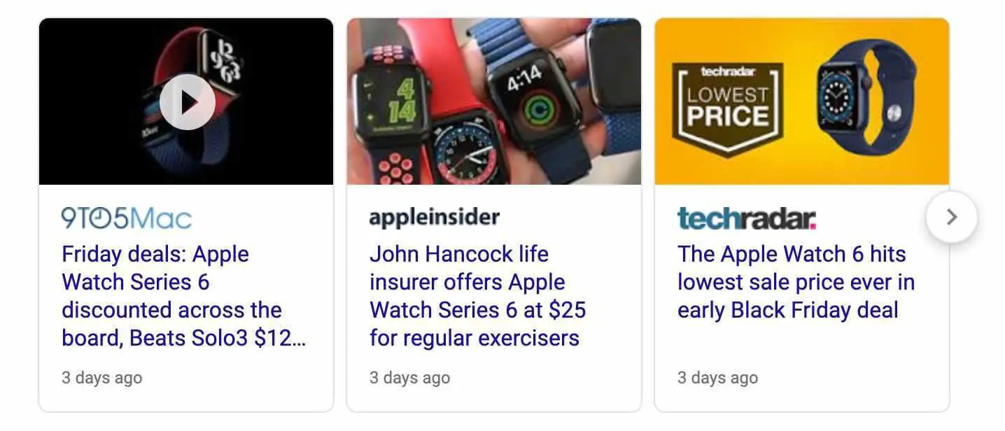 Três anúncios mostrando o Apple Watch Series 6 recebendo descontos