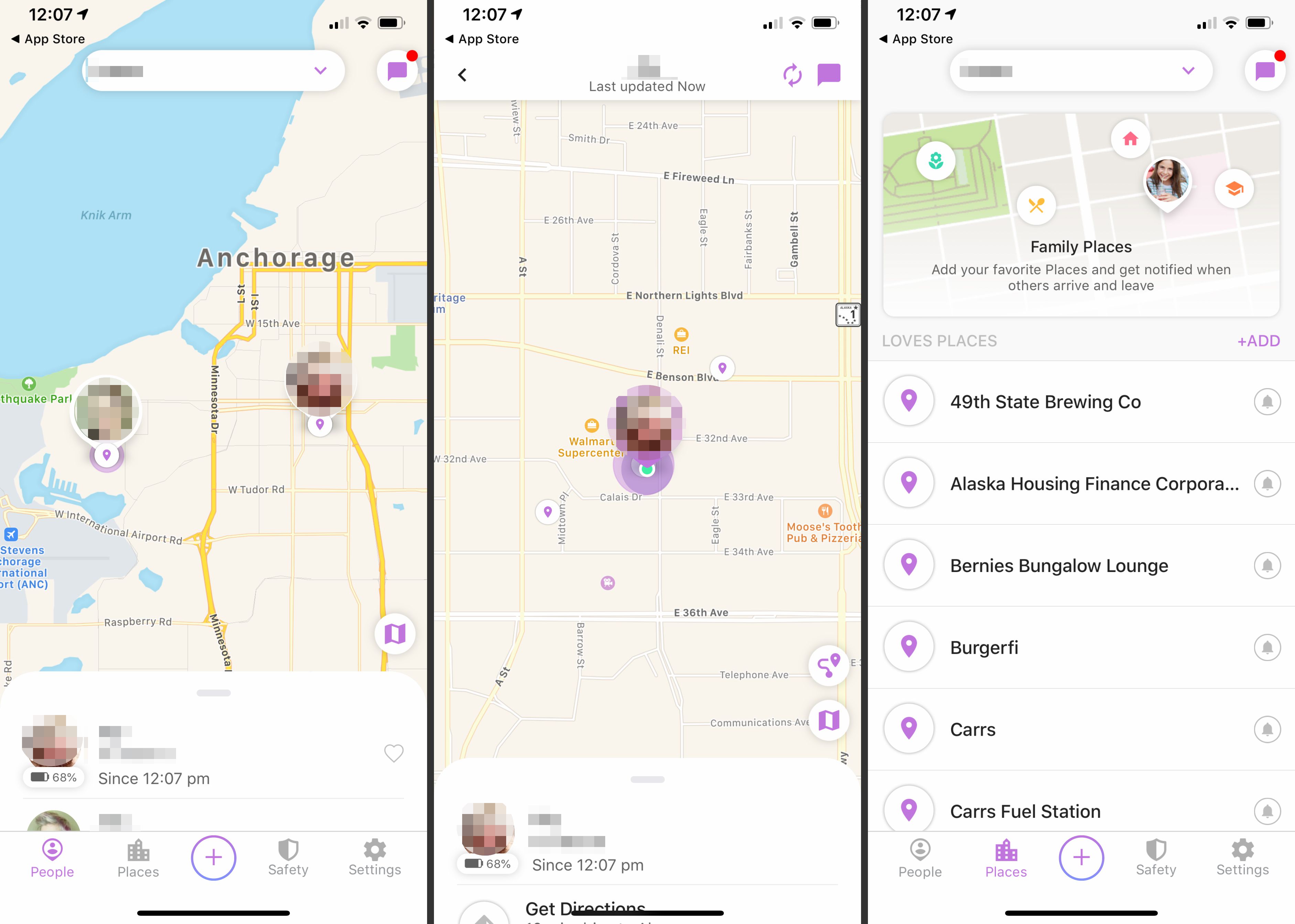 Três telas do iOS em Find My Family, Friends, Phone