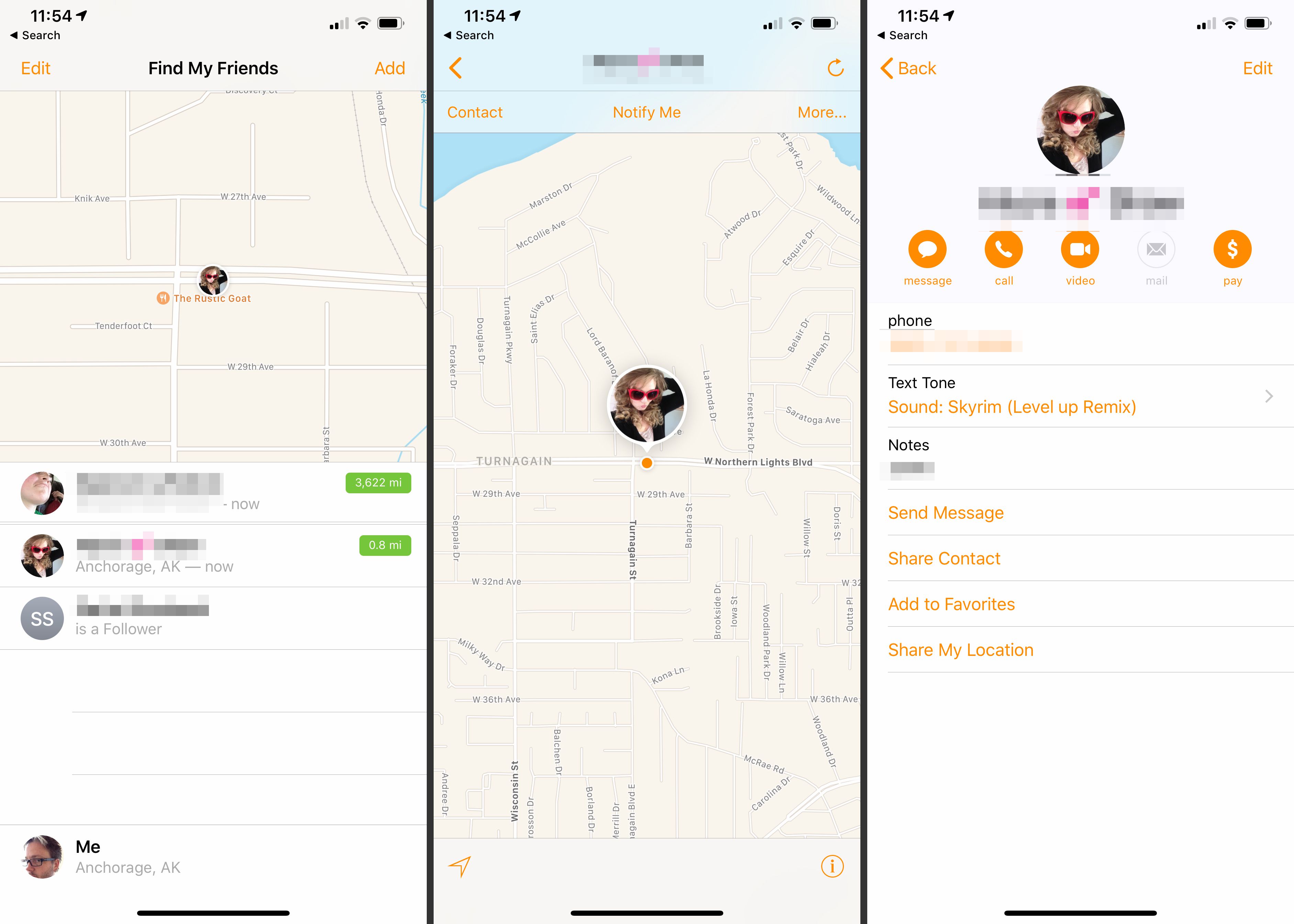 Três telas do iOS do aplicativo Find My Friends